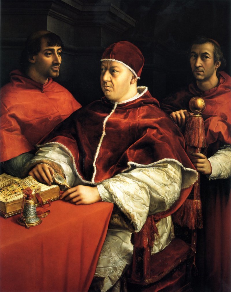 Leone X cun i cardinai Giulio de Medici y Luigi de Rossi dl 1517/18, de Raffaello (culezion Uffizi) Leone X cun i cardinai Giulio de Medici y Luigi de Rossi dl 1517/18, de Raffaello (culezion Uffizi)